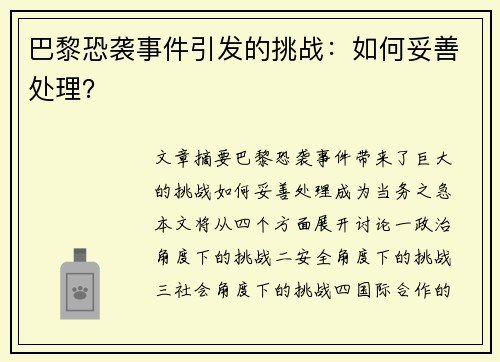 巴黎恐袭事件引发的挑战：如何妥善处理？